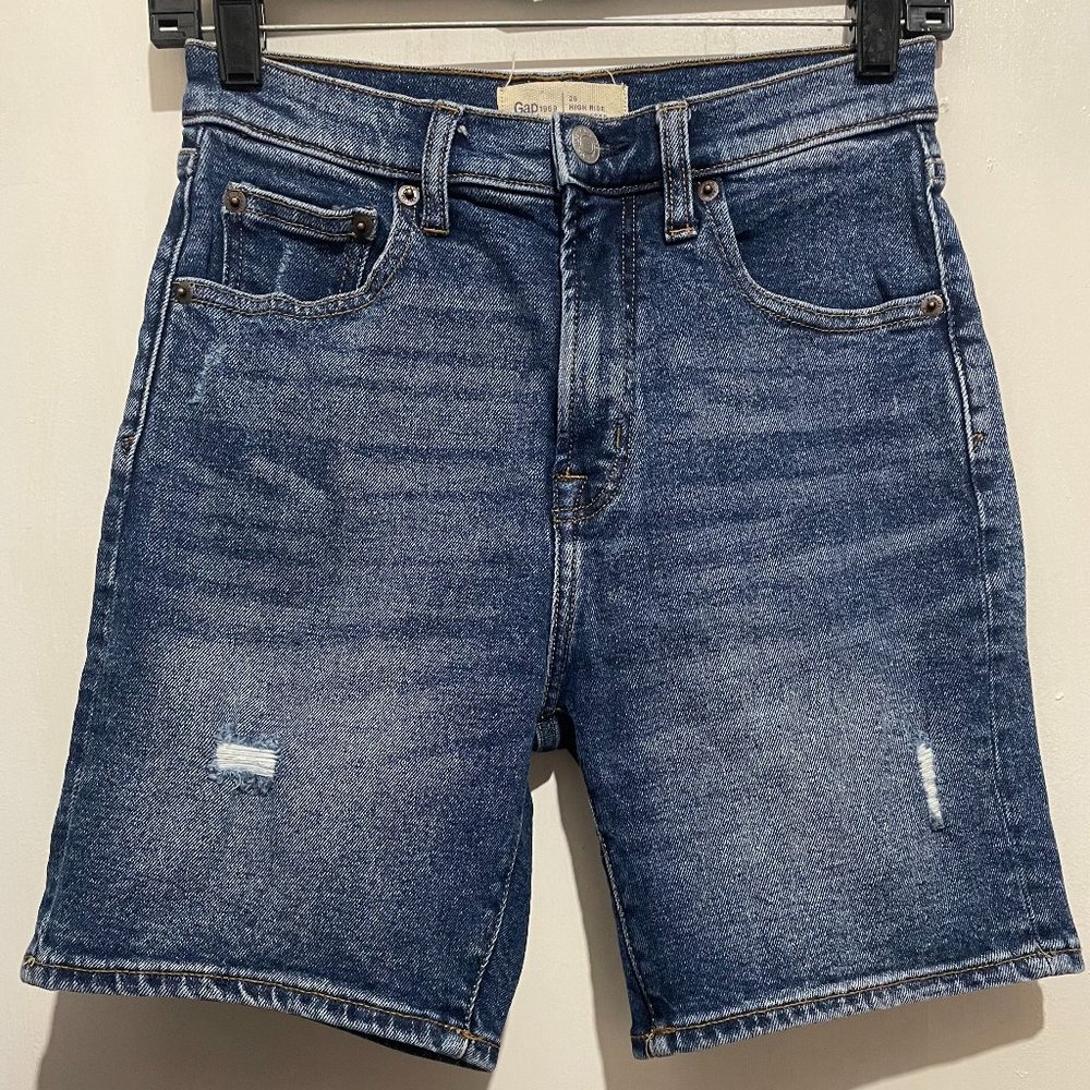 Gap 1969 High Rise Distressed Denim Bermuda Shorts 7" Size 26